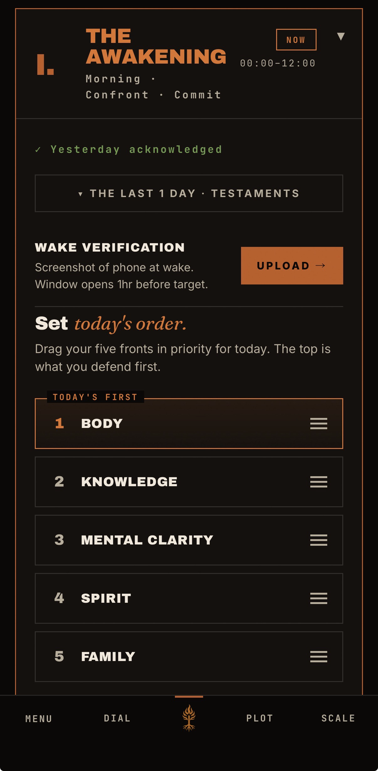 The Awakening screen: wake screenshot and the five fronts ranked for the day